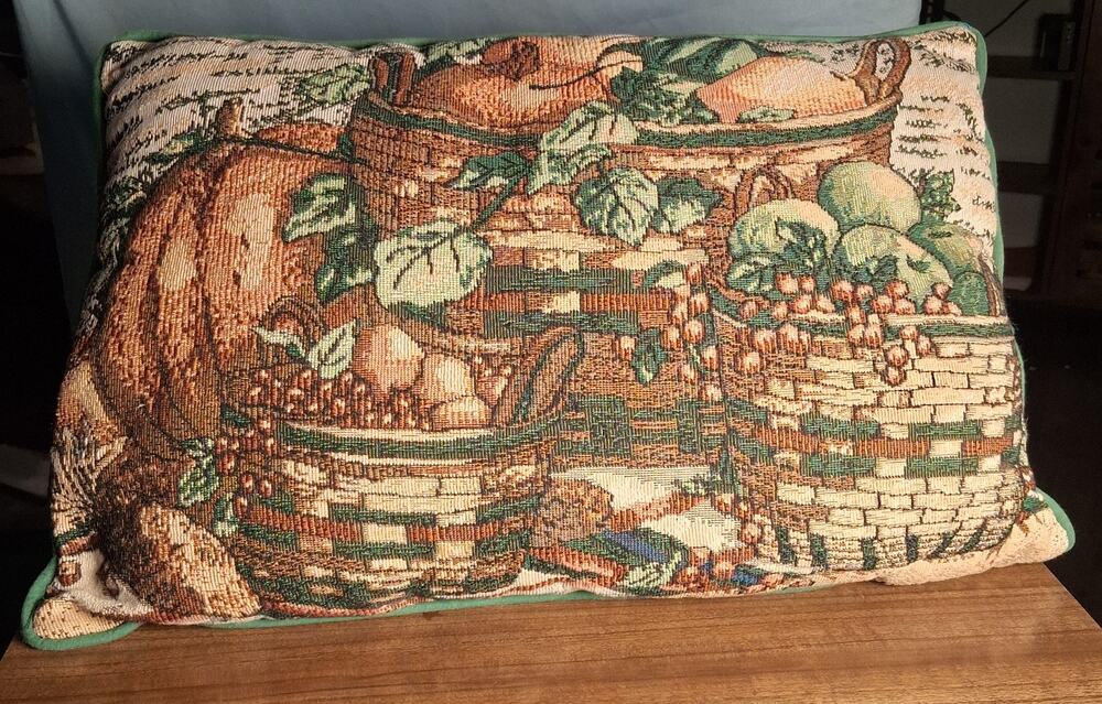 Among Friends Vintage Fall Tapestry Pillow with Baskets of Fruit and Vegetables